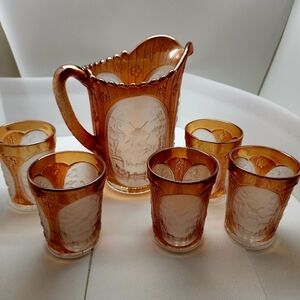 Antique Imperial Marigold Carnival Glass Pitcher & 5 Tumblers featuring Windmill